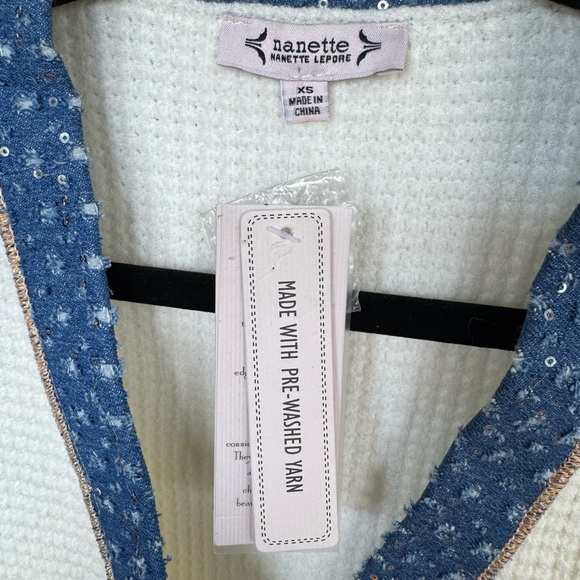 Women's White Cardigan with Blue Trim‎ - Picture 3 of 14